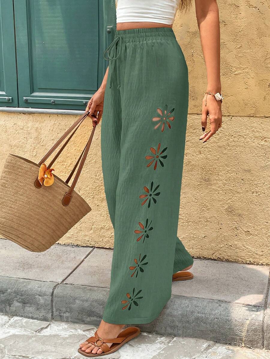 SHEIN Frenchy Quần âu cạp cao thắt nút khoét rỗng cho nữ, thích hợp đi nghỉ - Màu xanh lá cây đậm - Xem 1
