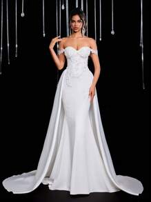 Glamrae 优雅奢华的露肩白色连衣裙，饰有精美亮片，高腰修身美人鱼轮廓，配有可拆卸的超长缎面裙裾，可调节后背带，适合海滩、草坪、教堂婚礼，百搭新娘礼服 - 白色 - 查看 5