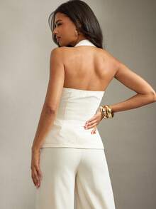 Hauture Old Money Sexy Business Casual Fitted Backless Vest Top For Women – Elegant Solid Flap Detail Waistcoat, Office Sleeveless Blazer, Minimalist Formal Workwear Chic Tailored Top