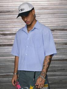 AXEPEAK Camisa Masculina com Gola Polo de Manga Curta, Modelagem Larga, com Estampa nas Costas - Azul - Visão 4