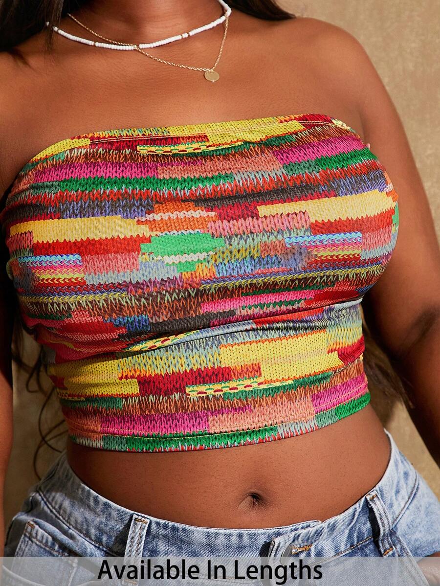 SHEIN Tall CURVE 大码女式休闲和节日毛绒图案印花修身抹胸，适合日常穿着、音乐节、音乐会、狂欢派对、海滩度假、约会之夜、生日、单身派对服装、俱乐部、可爱、休闲、购物、街头服饰、外出、风骚、易于搭配且看起来苗条，凸显身材，修饰身材