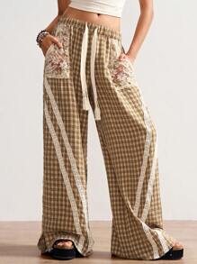 Bohemela Pantalones rectos casuales de mujer de tela escocesa trenzada - Caqui - Ver 3