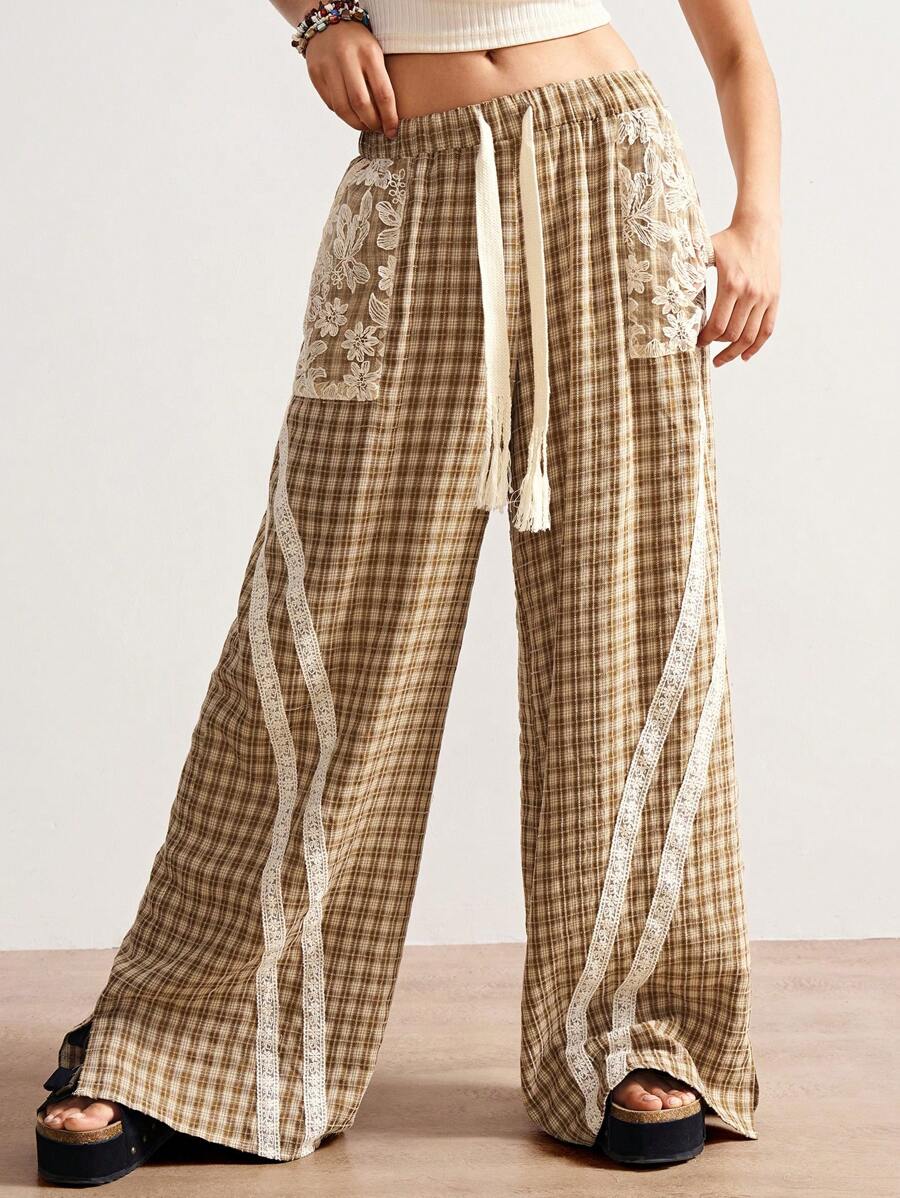 Bohemela Pantalones rectos casuales de mujer de tela escocesa trenzada - Caqui - Ver 1