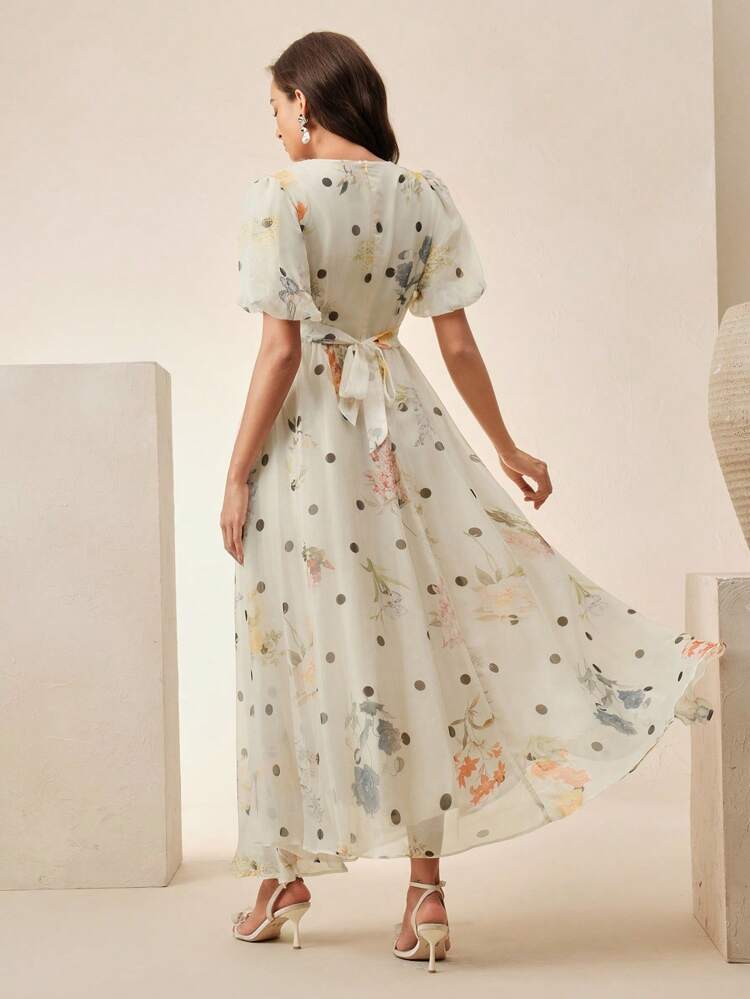 Women's Elegant Polka Dot Ruffled Sleeve Slimming Long Dress