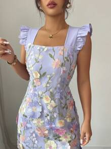 Rafferiza Women's Elegant Fashion Party Banquet Ribbon Strap Embroidery 3D Flower Cinched Waist A-Line Midi Lace Dress, Spring/Summer Flower Dress Woman Embroidered Floral Dress - Multicolor - View 7