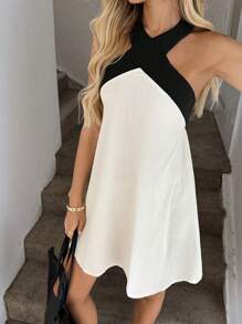 Vestido mini casual de mujer con cuello halter anudado, sin mangas, con bloques de color. Vestido versátil y ajustado para uso diario en verano - Albaricoque - Ver 4