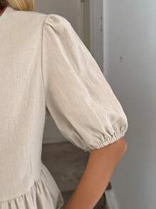 Easowa 女士休闲泡泡袖撞色蝴蝶结衬衫，日常基本款短袖上衣，春夏