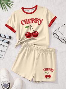SHEIN 2pcs/Set Cherry Print Casual T-Shirt & Shorts For Tween Girls, Vintage Style, Suitable For Summer