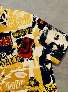 Manfinity ZONE917 男士全印花纽扣短袖短款衬衫，夏季时尚 - 黃色 - 查看 5