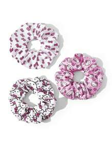 HELLO KITTY AND FRIENDS | SHEIN 3pcs Soft Satin Scrunchies, Shiny Coil Hair Ties, Cute Bow, Cat, Pink Design, Elastic, Hair-Friendly - Multicolor - View 4