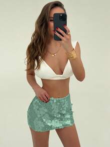 Aloruh 音乐节闪亮低腰亮片装饰迷你裙，适合年轻女性，百搭 - 綠色 - 查看 5