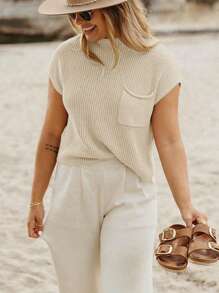 Calvaya Women's Solid Color Short Sleeve Knitted Top With Stand Collar For Leisure And Vacation - Apricot - View 4