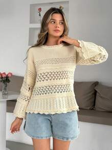 EURMUSE Pulover croșetat pentru femei, culoare uni, cu decupaj, guler rotund și mânecă scurtă, jumper, jumper crem, pulovere, jumper negru, pulover pentru femei, jumper alb, pulover pentru femei, pulovere pentru femei, haine de iarnă - Bej - Vizualizare 5