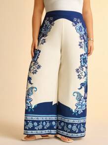 CAJUNI Plus Size Women Boho Vintage Blue Tropical Floral Print Straight Leg Casual Pants - Multicolor - View 1