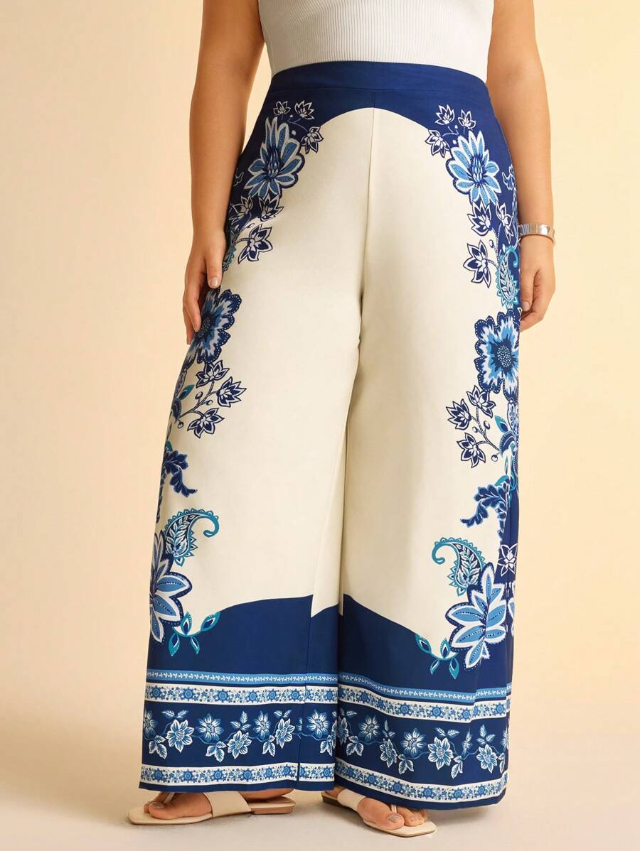 CAJUNI Plus Size Women Boho Vintage Blue Tropical Floral Print Straight Leg Casual Pants - Multicolor - View 1