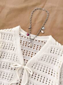 SHEIN Teens Girls' Apricot Casual Vacation Short Cropped Cardigan With Bow Accent, Textured Vintage Floral Lace, Oversized Long Sleeve, Can Be Worn Alone Or Layered, Suitable For Daily Wear, French & Korean Fashion Style, Back To School Teen Girl Clothes Sweaters Summer Clothes For Teens Sweater Beige Clothes For Teen Girls Tween Girl Clothes Sweaters Tie Front Sweater,In Fall/Winter