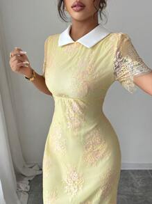 Modelyn 女士纯色短袖蕾丝拼接优雅法式连衣裙 - 黃色 - 查看 1