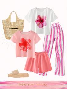 2 件套年轻女孩优雅花卉印花短袖 T 恤上衣和短裤套装，休闲舒适女孩夏季套装夏装套装青少年夏季服装套装女孩夏季服装女孩夏季服装花朵套装夏季服装儿童女孩夏季服装女孩度假服装青少年服装套装 - 粉色 - 查看 1