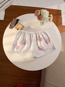 Women's Summer Casual Shell & Starfish Print Drawstring Waist Loose Shorts