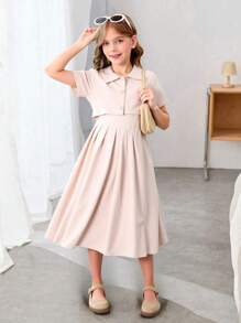 SHEIN 优雅时尚可爱女孩短袖连衣裙，时尚二合一外套披肩 V 领纽扣长裙，舒适透气，适合返校季，所有季节 - 卡其色 - 查看 8