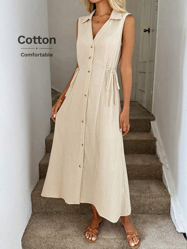 Easowa Vintage Cotton Beige Shirt Collar Buttoned Decor Midi Dress, For Spring/Summer Casual, Commute, Office, Bohemian Style Business Casual, Resort Wear Women Summer Clothes Teacher Outfits For Women Cotton Dress Button Dress Long Casual Dress Linen Dress Maxi Dress Khaki Dress Teacher Outfits Business Professional Women Collared Shirt Dress Work Clothes  Old Money