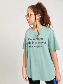 SHEIN Teen Girls Drop Shoulder Slogan Graphic Tee - Mint Green - View 4