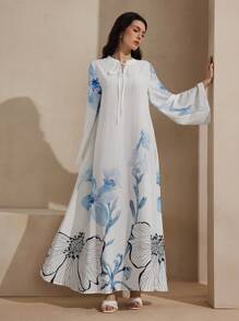 Graceveil Arabic Style Flared Skirt Sleeve Placement Printed Dress, Spring/Summer Modest Dress Women - Blue - View 5