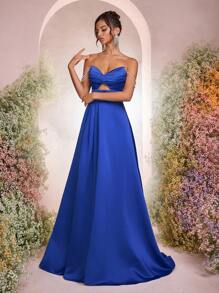 Glamrae Elegante e lussuoso abito blu navy in raso arricciato sul décolleté, spalle scoperte, scollo a V, schiena aperta con spacco e orlo alto-basso, adatto per appuntamenti, feste per single, cerimonie di laurea, occasioni formali, banchetti - Blu reale - Visualizzare 7