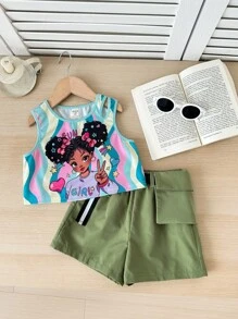 Zweiteiler bestehend aus Mädchen Strick-Trägertop mit niedlichem Muster und einfarbiger Webshorts