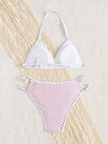 Teen Girls Plaid Print Halter Bikini Set, Pink Jacquard Fabric, Adjustable Pink Bathing Suit Triangle Bikini Summer Swimsuit Petite Swimwear - Baby Pink - View 3