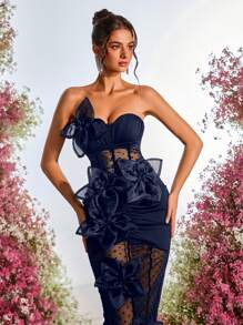 Glamrae 优雅 V 领无袖荷叶边长款女士正式晚礼服，黑色和红色 - 藏蓝色 - 查看 1