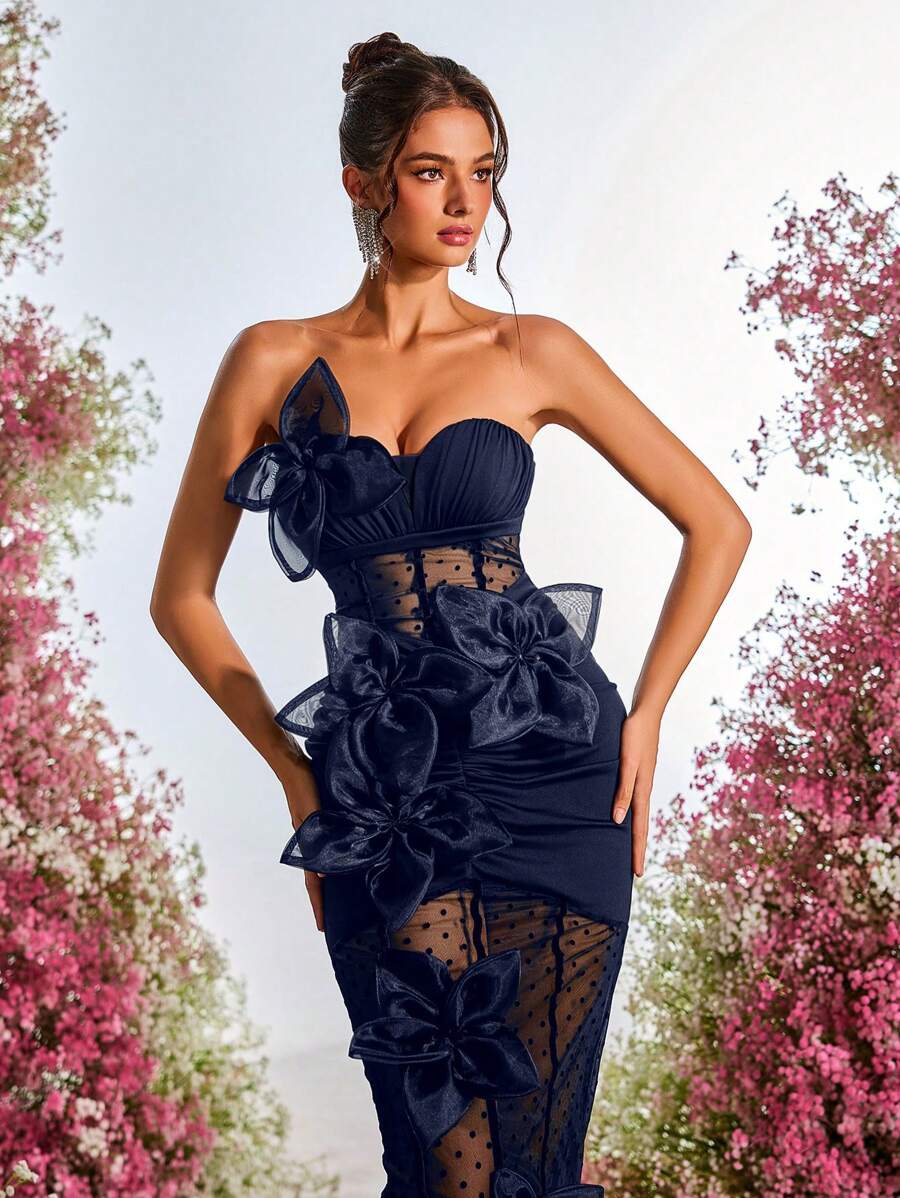 Glamrae 优雅 V 领无袖荷叶边长款女士正式晚礼服，黑色和红色 - 藏蓝色 - 查看 1