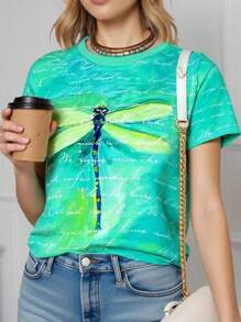 SHEIN LUNE Women's Slim Fit Casual 3D Dragonfly Printed Short Sleeve T-Shirt, Fashion Harajuku Style Tee, Summer