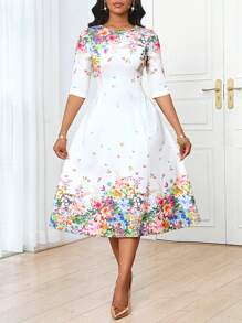 SHEIN Lady 女士夏季花卉印花优雅中长连衣裙