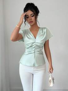 SHEIN Clasi Women's Solid Color Short Sleeve V-Neck Front Pleated Elegant Blouse, For Summer - Green - View 6