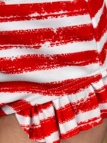 SHEIN 2pcs Set Young Girl Knitted Starry Ruffle Trim Tankini Swimsuit & Shorts - Blue - View 5