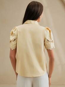 Anewsta 女士花卉蕾丝镂空刺绣优雅衬衫上衣，现代办公室通勤装，夏季 - 黃色 - 查看 2