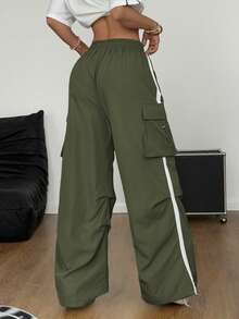 Coolane Women's Fall/Winter Back To School Streetwear Sport Basic Flap Pocket Side Drawstring Waist Parachute Grey Cargo Pants