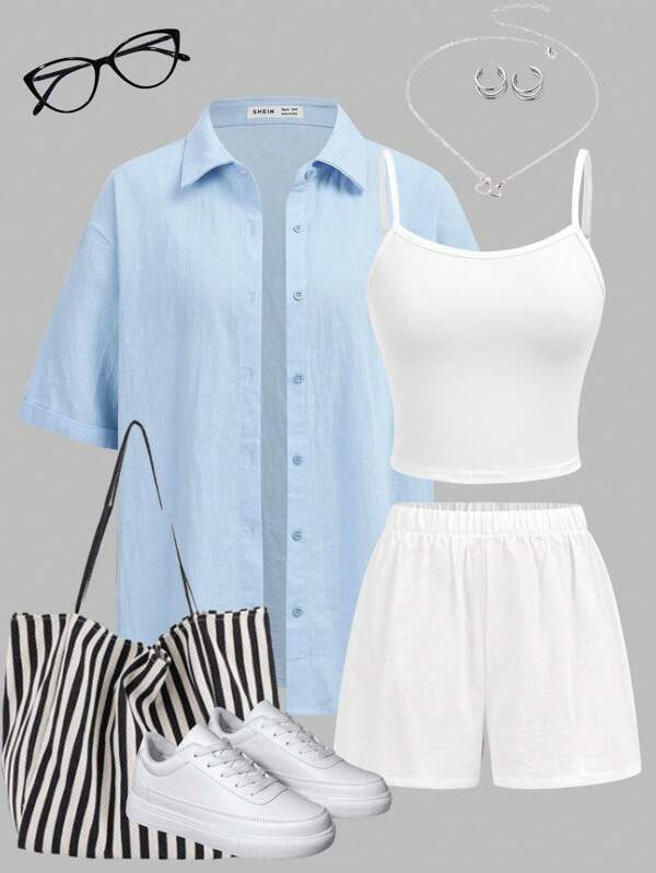 SHEIN Girlism Teenager Mädchen 3-teiliges Set bestehend aus blauem & weißem Hemd, Trägershirt, Shorts Outfit, lässiger kombinier-barer 3-teiliger Anzug, geeignet für Frühling, Sommer und Herbst
