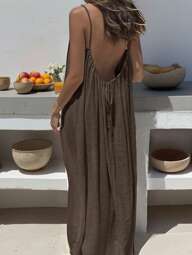 INAWLY Women's Solid Color Open Back Tie Loose Casual Maxi Slip Dress