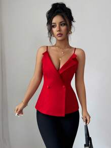 Elenzga 女士春夏法式浪漫西西里优雅休闲办公室旅行下午茶派对装饰V领双排扣吊带上衣 - 紅色 - 查看 4