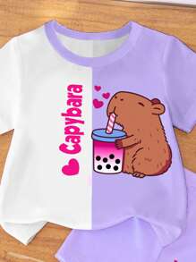 Bộ đồ thời trang cho bé gái mới biết đi, hoạt hình sáng tạo dễ thương màu xanh lam, tách trà sữa Boba & họa tiết Alpaca, khối màu, áo ngắn tay cơ bản, đơn giản & quần short biker - Nhiều màu - Xem 7