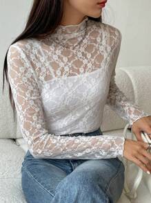 DAZY Mock Neck Lace Top Without Camisole Sheer Long Sleeve Women Tops,Fall Women Clothes - White - View 2