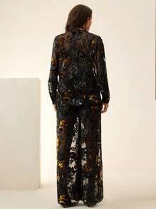 Anewsta 秋冬优雅天鹅绒烂花面料半透明衬衫和松紧腰直筒裤两件套女装 - 黑色 - 查看 2