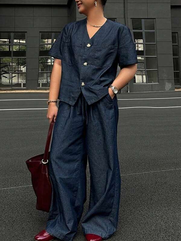 Dazy Plus 2pcs Set: Dark Denim Wash V-Neck Loose Fit Short Sleeve Denim Top And Loose Pants, Summer