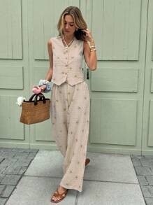 SHEIN Frenchy 2pcs Women's Striped Print Button Front Tank Top And Long Pants Set Brown Summer