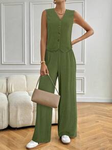 SHEIN Frenchy Bộ 2 món áo ba lỗ in họa tiết sọc và quần thường ngày cho nữ - màu xanh lá - Xem 4