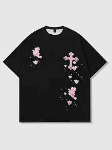 ROMWE MEN Street Life 男式哥特情侣短袖 T 恤，街头风格重磅设计樱花十字印花，万圣节 - 黑色 - 查看 2