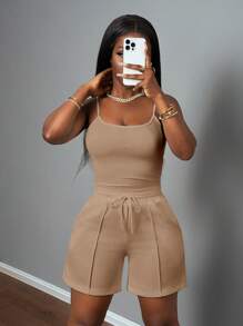 Slaydiva Bộ đồ thể thao cơ bản thường ngày mùa xuân hè mới, áo gile cổ chữ U có dây đeo + quần dài đến đầu gối với họa tiết răng cưa, quần nỉ trang trí màu trắng dành cho nữ, bộ hai mảnh cỡ lớn, bộ quần short hai mảnh cỡ lớn, trang phục mùa hè cỡ lớn cho nữ, bộ quần short màu be hai mảnh, trang phục quần short hai mảnh. - Màu Khaki - Xem 4