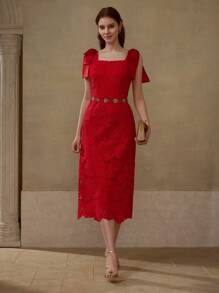 MOTF PREMIUM VÁY MIDI CỔ VUÔNG REN GUIPURE CÓ NƠ KHÔNG CÓ THẮT LƯNG - Đỏ - Xem 3